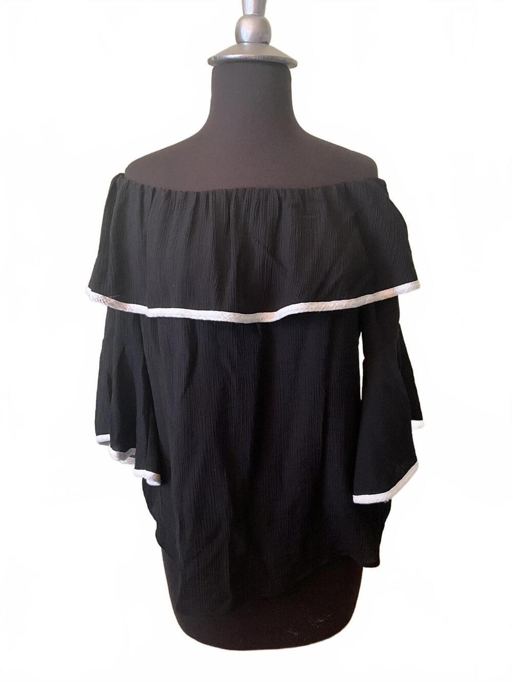 Bell Sleeve Off the Shoulder Black & White Blouse